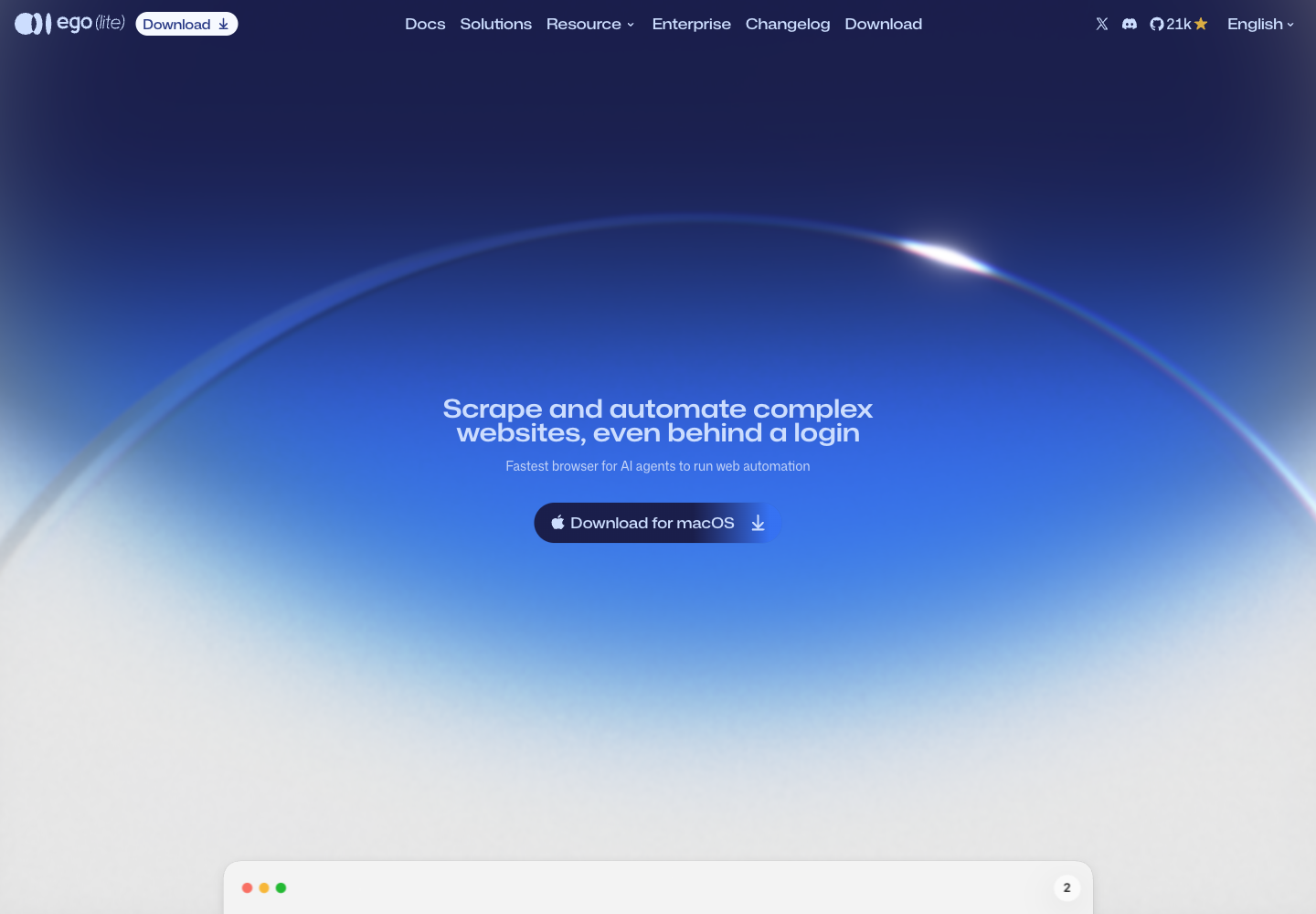 หน้าแรกของ lite.ego.app: หัวข้อ Scrape and automate complex websites, even behind a login พร้อมปุ่ม Download for macOS