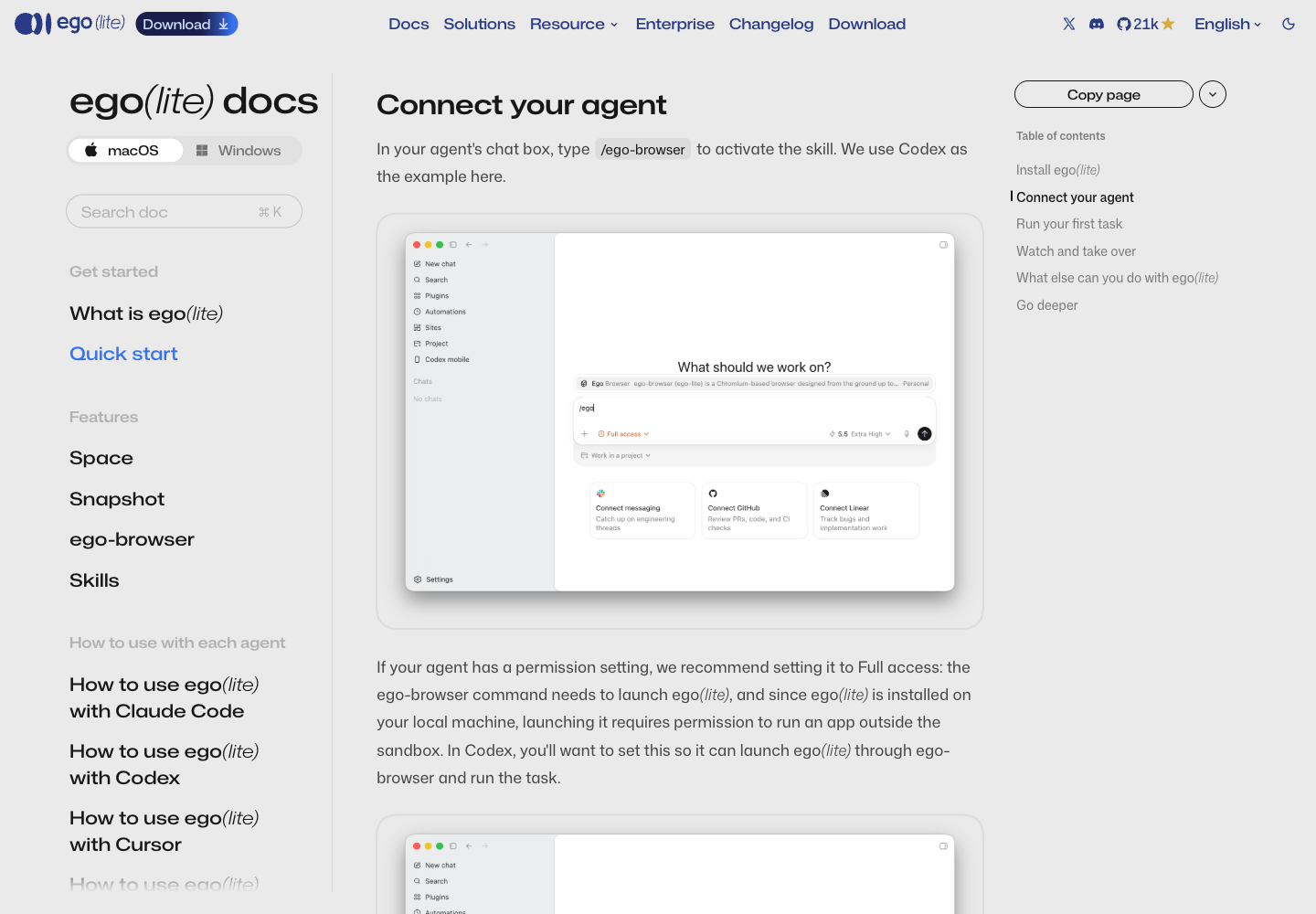 เอกสาร Connect your agent: พิมพ์ /ego ในช่องแชตของ Codex แล้วมีรายการ skill Ego Browser ขึ้นมา โหมด Full access