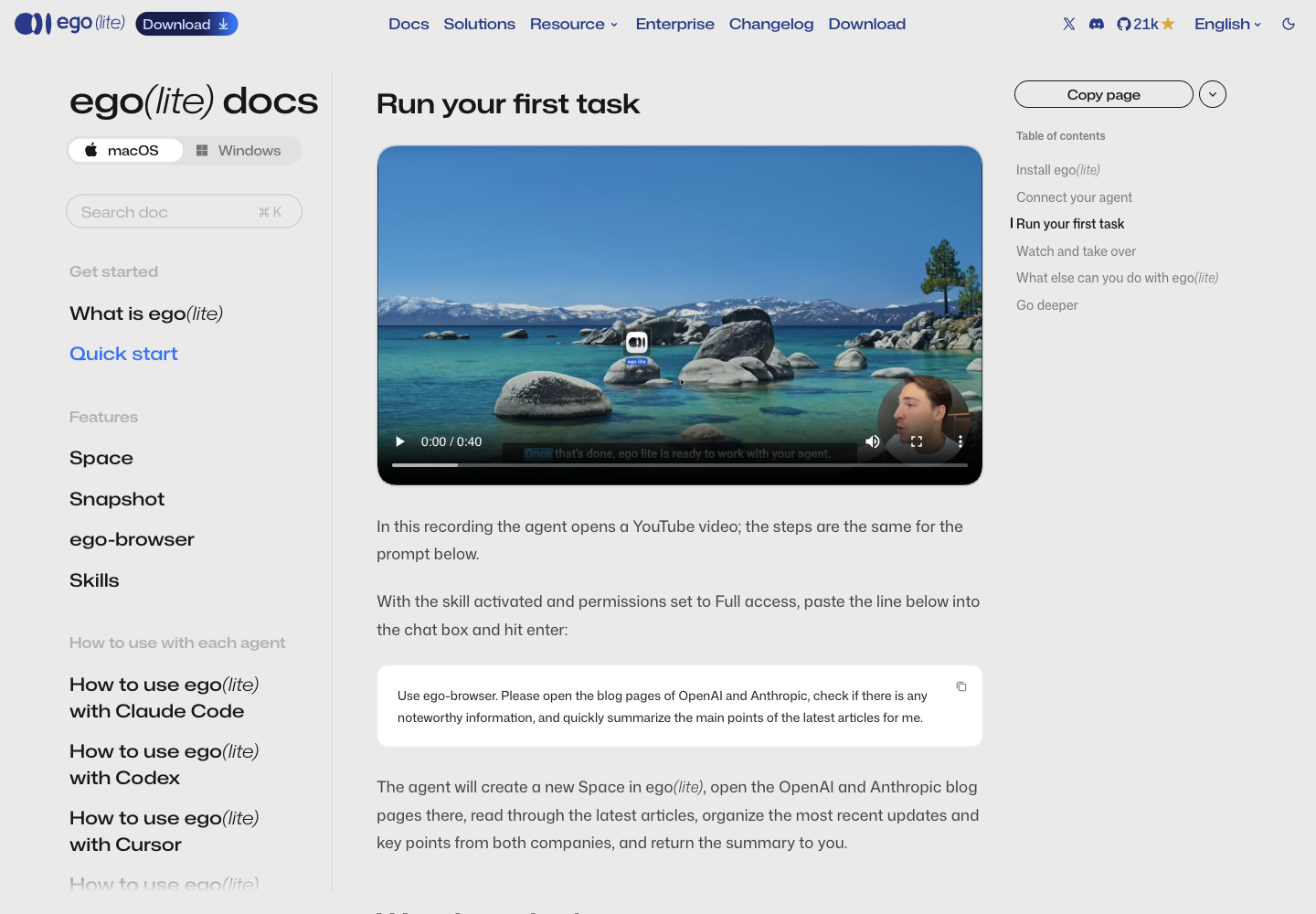 เอกสาร Run your first task: วิดีโอ 40 วินาที และ prompt ตัวอย่างให้เปิดบล็อก OpenAI กับ Anthropic แล้วสรุป