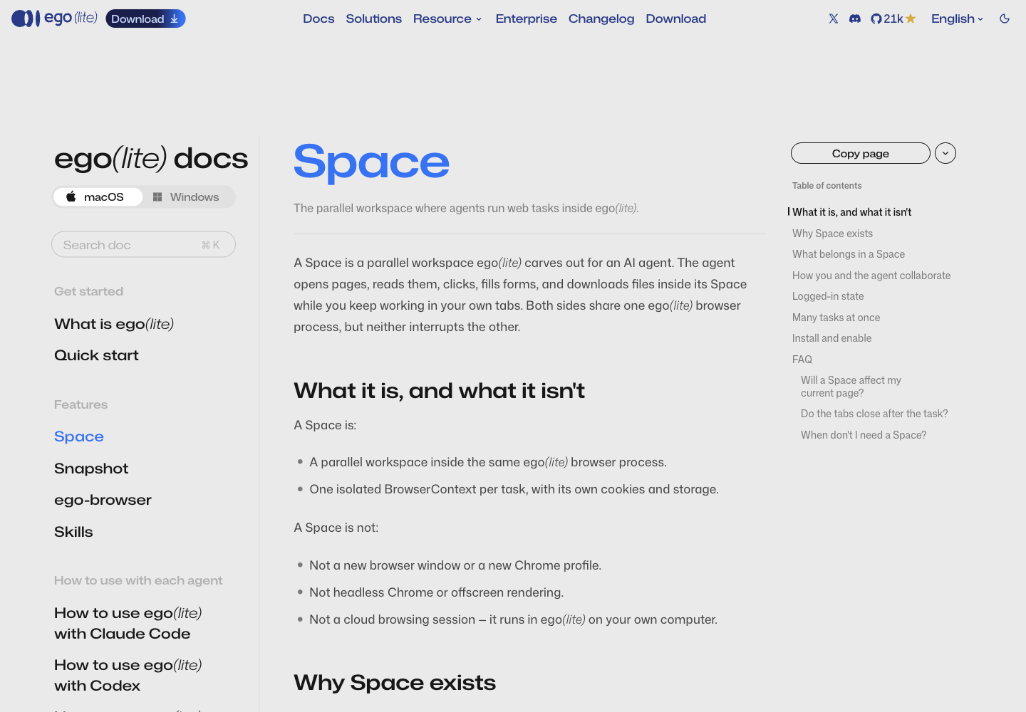 เอกสาร Space: Space คือพื้นที่ทำงานคู่ขนานในเบราว์เซอร์ process เดียวกัน หนึ่ง BrowserContext ต่อหนึ่งงาน ไม่ใช่หน้าต่างใหม่ ไม่ใช่ headless ไม่ใช่คลาวด์