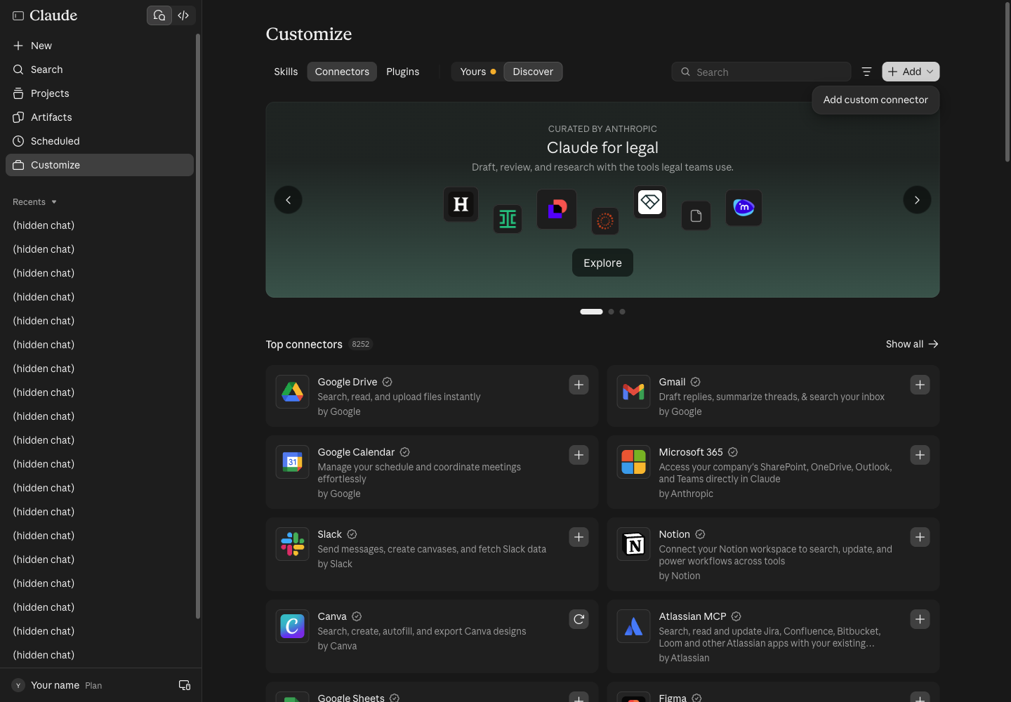หน้า Customize แท็บ Connectors เปิดเมนู Add มีตัวเลือก Add custom connector