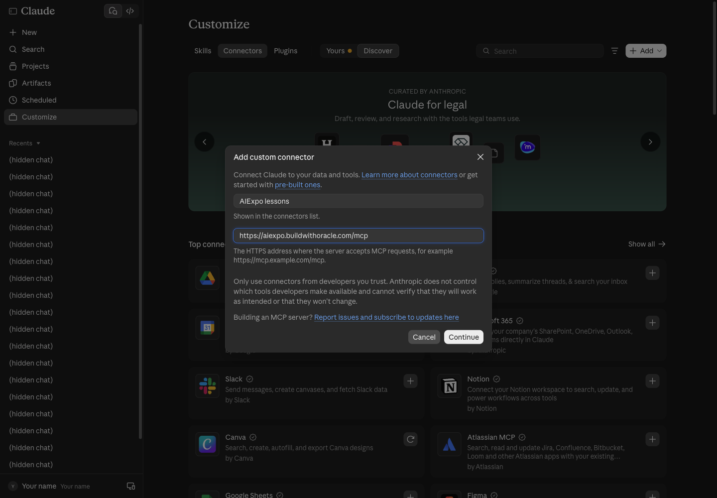 หน้าต่าง Add custom connector ขั้นที่ 1 ช่องชื่อ AIExpo lessons และช่อง URL https://aiexpo.buildwithoracle.com/mcp