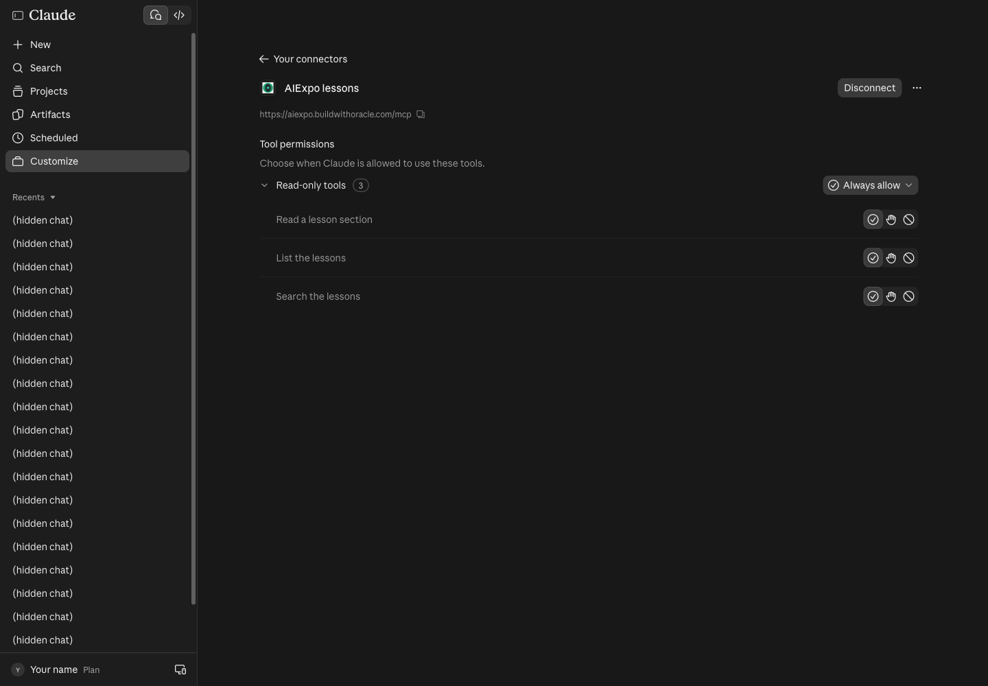 หน้า connector หลังเชื่อม Tool permissions กลุ่ม Read-only tools 3 ตัว: Read a lesson section, List the lessons, Search the lessons