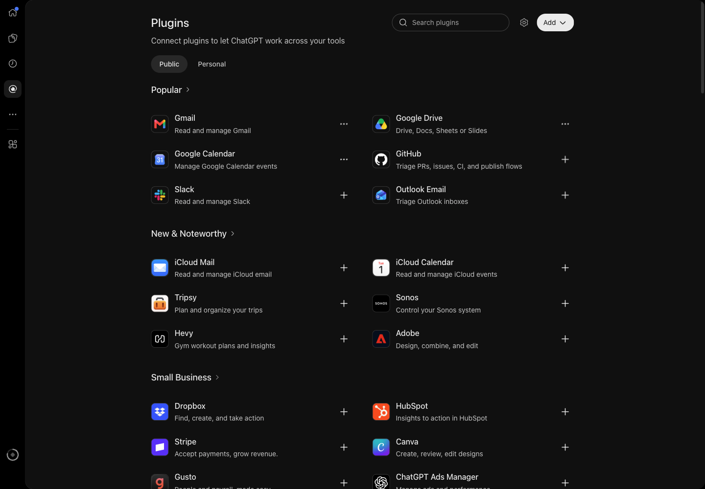 หน้า Plugins ของ ChatGPT มีปุ่ม Add มุมขวาบน และรายการ plugin ยอดนิยม