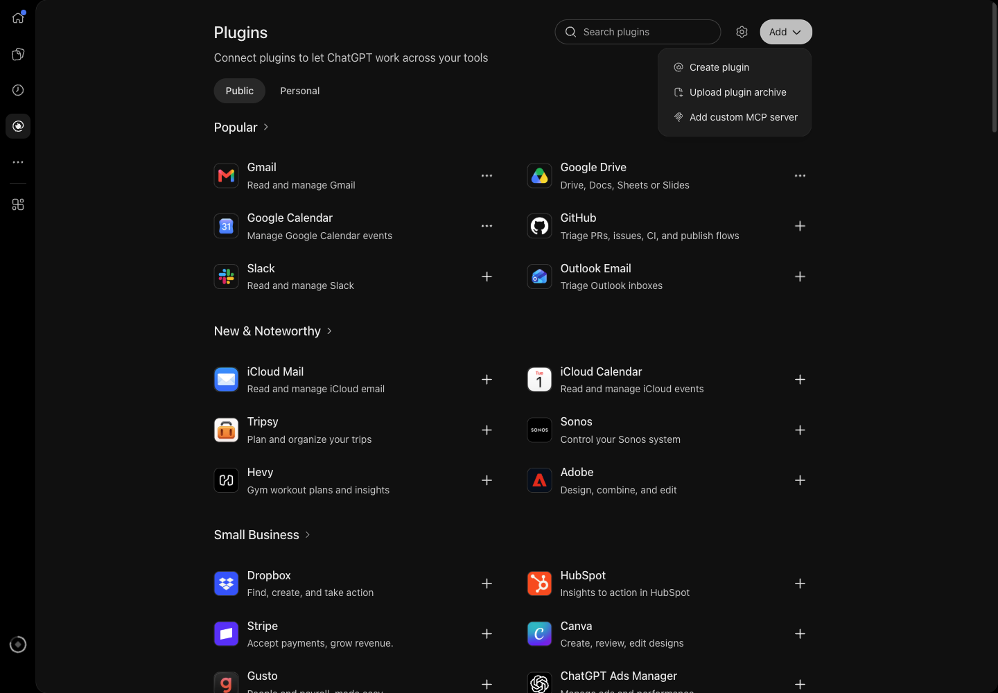 เมนู Add มี Create plugin, Upload plugin archive, Add custom MCP server
