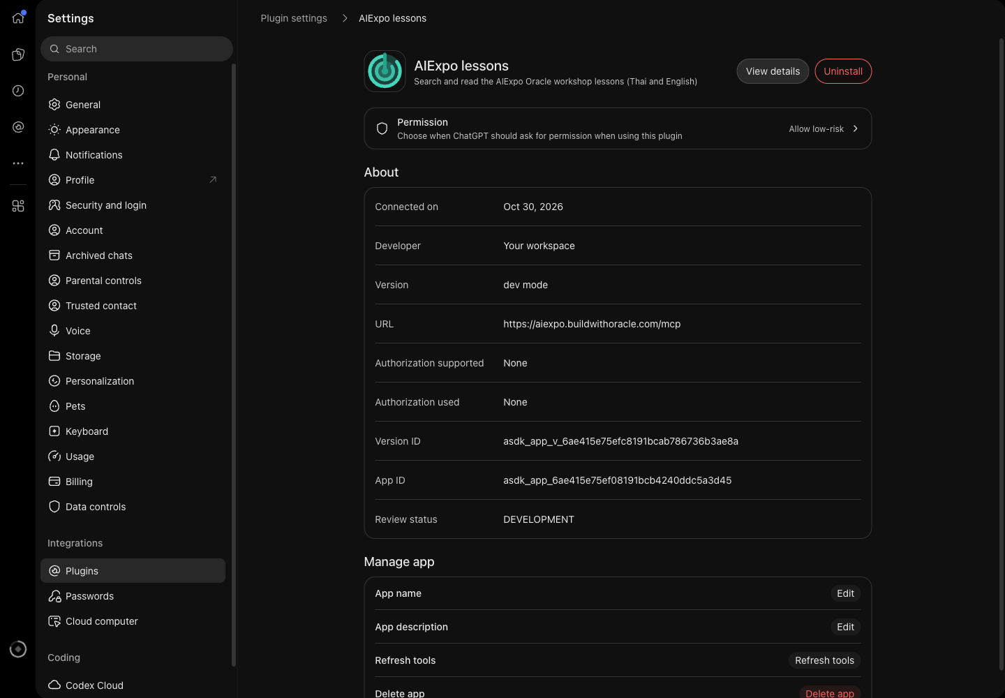 หน้า Plugin settings ของ AIExpo lessons Version dev mode URL https://aiexpo.buildwithoracle.com/mcp Authorization None และปุ่ม Refresh tools